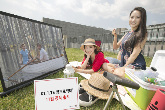 KT는 오는 11일 4세대이동통신(LTE)을 활용해 미디어 스트리밍이 가능한 'LTE빔프로젝터'를 출시한다, KT모델들이 LTE 빔 프로젝터로 영화를 시청하고 있다. <KT 제공>